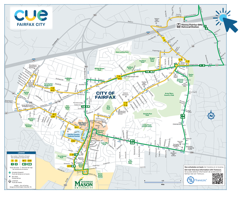 City of Fairfax 공식 CUE 노선도: Gold 1·2와 Green 1·2, GMU와 Vienna역 연결